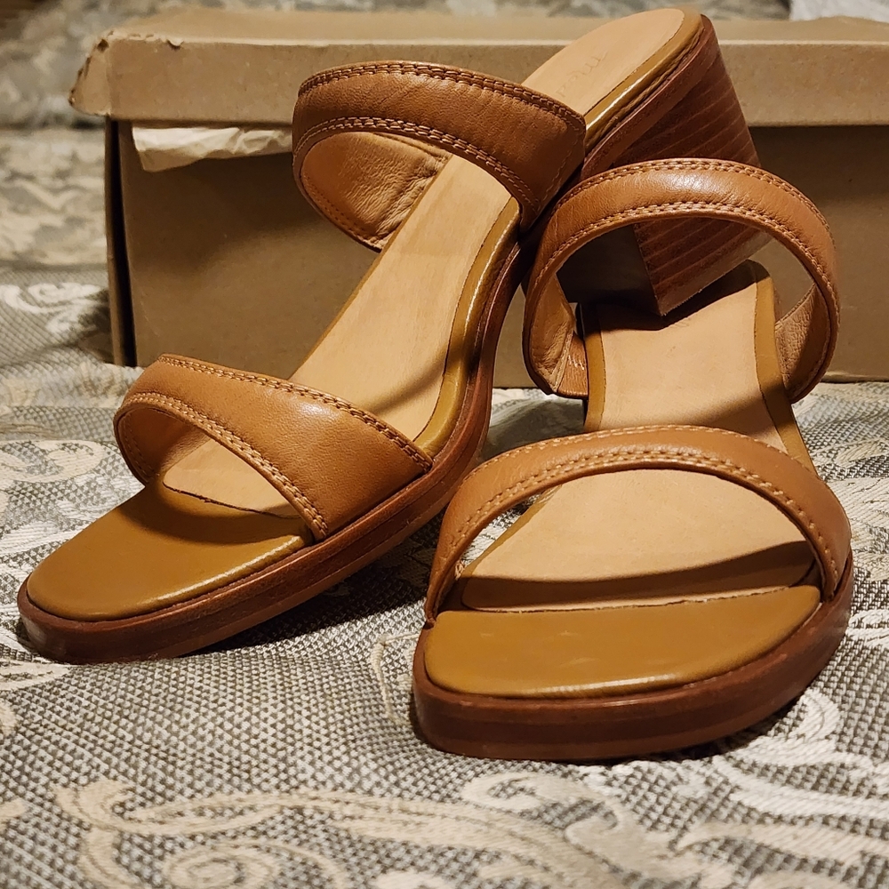 Madewell Saige Tan Brown Leather Block Heel Slide Sandals Women's Size 12 NIB - Picture 10 of 16